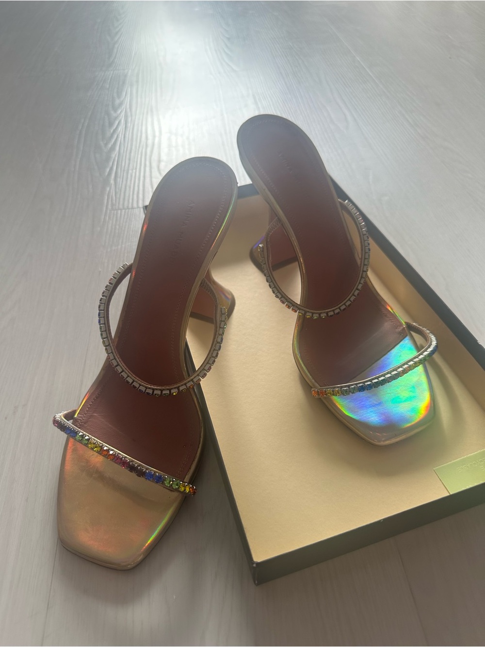 Amina Muaddi Iridescent Multicolor Gem-Embellished Slide Mules